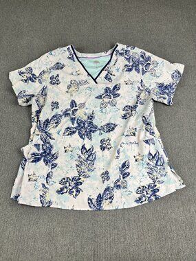Healing Hands Scrub Top 2X Blue Floral Print V-Neck Short Sleeve Womens